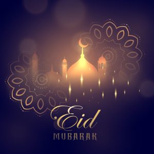 eid mubarak greeting card design with glowing mosque and mandala decoration